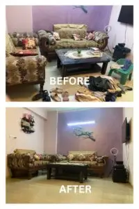 ide-by-side image showing a before-and-after of the same room—one side cluttered and messy with scattered items causing visual stress, and the other side clean, decluttered, and neatly organized, radiating a sense of calm, positivity, and mental clarity.