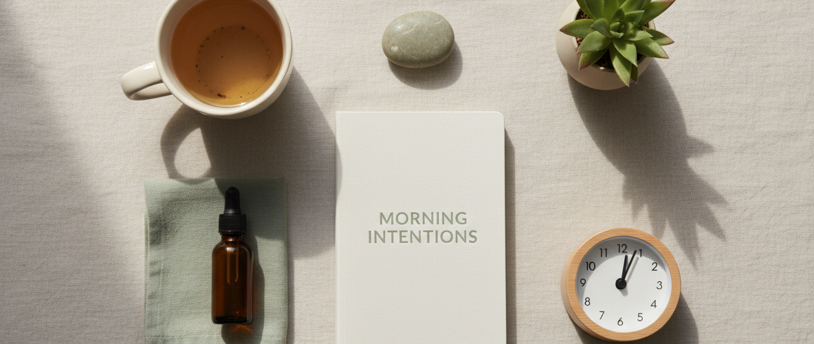 Minimalist flat lay of morning essentials on light linen fabric including journal, ceramic tea cup, essential oil bottle, folded cotton handkerchief, calming stone, analog clock, and small plant in soft natural sunlight with beige and sage green tones.