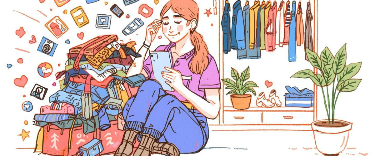 Colorful sketch illustration of a woman choosing minimalism over social media shopping, with cluttered clothes and shopping bags on one side and a clean, peaceful wardrobe on the other