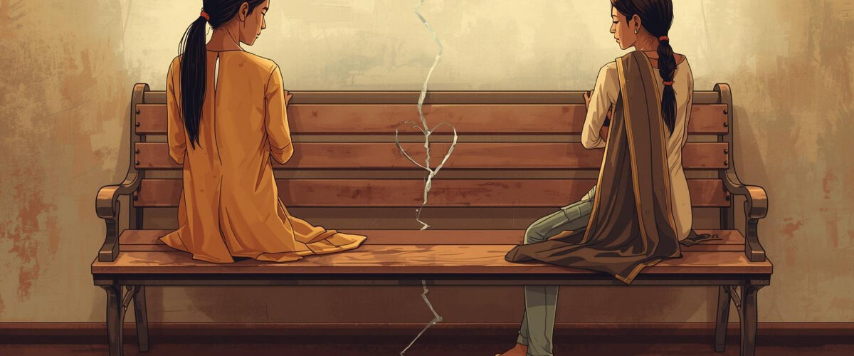 Two Indian sisters sitting apart on a bench, showing sibling jealousy and broken bond between them