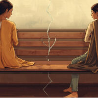 Two Indian sisters sitting apart on a bench, showing sibling jealousy and broken bond between them
