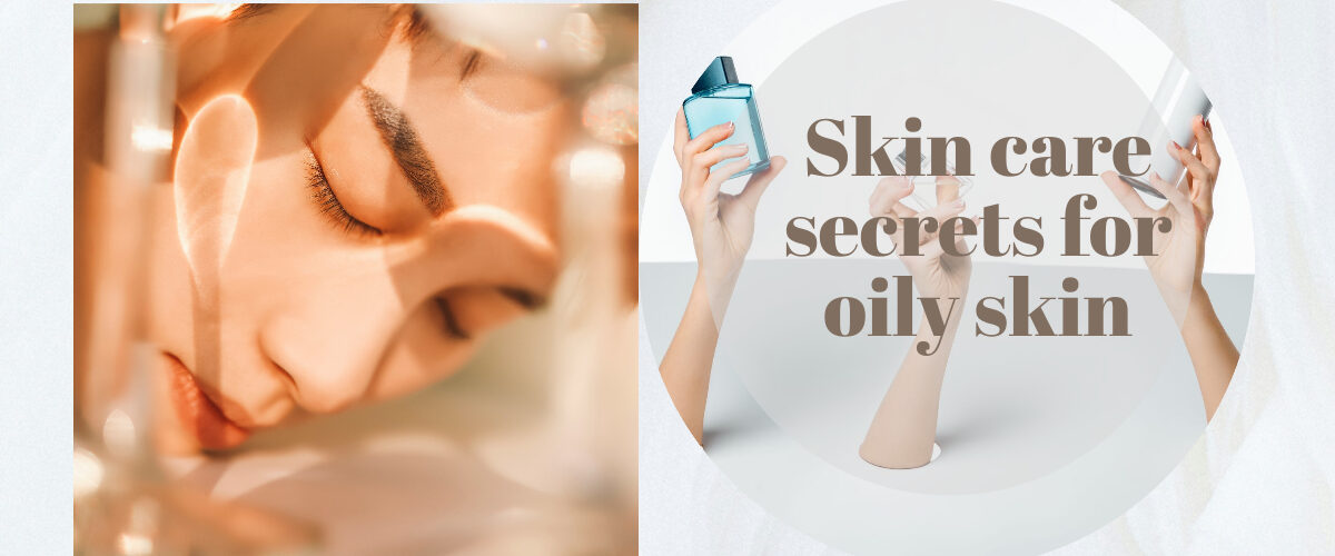 A split image showing a girl with clear glowing oily skin on one side and three hands holding essential skincare products on the other side
