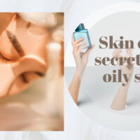 A split image showing a girl with clear glowing oily skin on one side and three hands holding essential skincare products on the other side