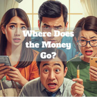 A tired Indian middle-class couple sitting in their home surrounded by delivery boxes, discount sale items, spoiled groceries near a dustbin, and lifestyle purchases like gadgets and branded clothes. A piggy bank is slowly emptying in the background, bills are scattered on the table, and both have worried expressions — symbolizing the quiet financial drain caused by small, hidden everyday expenses.