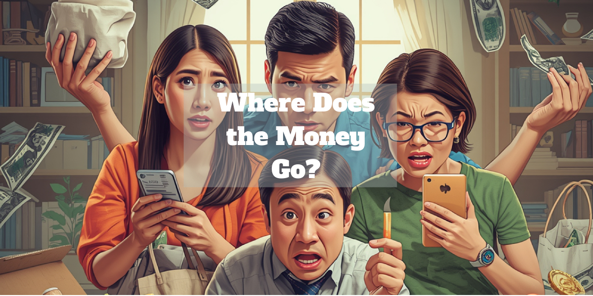 A tired Indian middle-class couple sitting in their home surrounded by delivery boxes, discount sale items, spoiled groceries near a dustbin, and lifestyle purchases like gadgets and branded clothes. A piggy bank is slowly emptying in the background, bills are scattered on the table, and both have worried expressions — symbolizing the quiet financial drain caused by small, hidden everyday expenses.