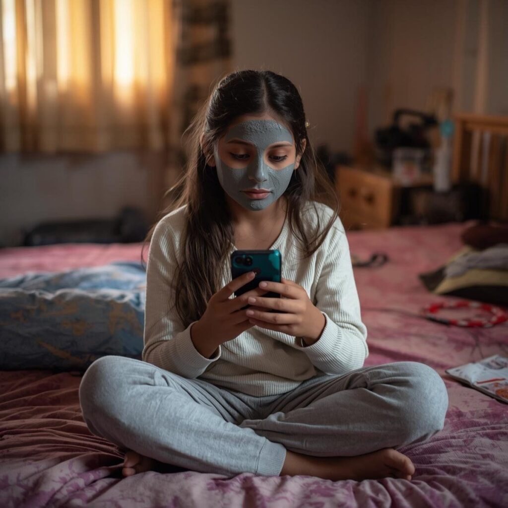 A young Indian girl sitting cross legged on her bed with a grey clay mask on her face, casually scrolling on her phone during her weekly skincare routine