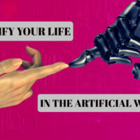 A human hand and a robotic hand reaching toward each other against a vibrant pink background, with the text "Simplify Your Life in the Artificial World" overlaid on the image.