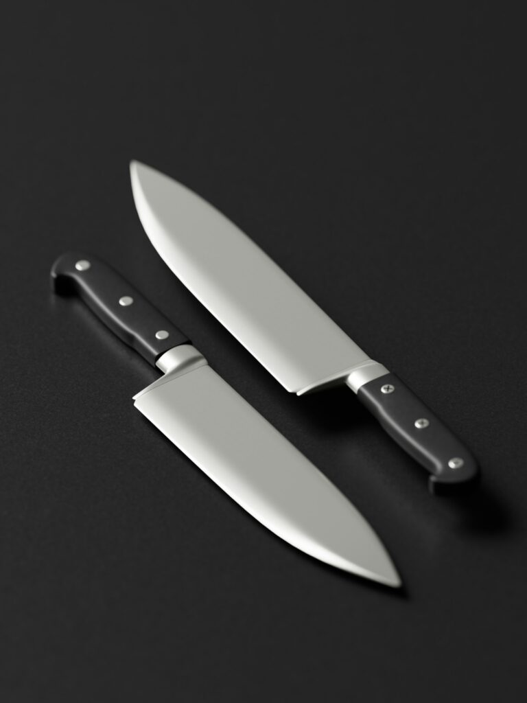 wo high-quality stainless steel chef knives with black handles resting on a matte black background, illustrating essential minimalist kitchen tools.