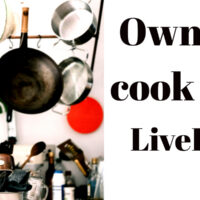 A minimalist kitchen setup with hanging pots and pans beside bold text reading "Own Less. Cook More. Live Better." — blog header for 5 must-have kitchen items for minimalists.