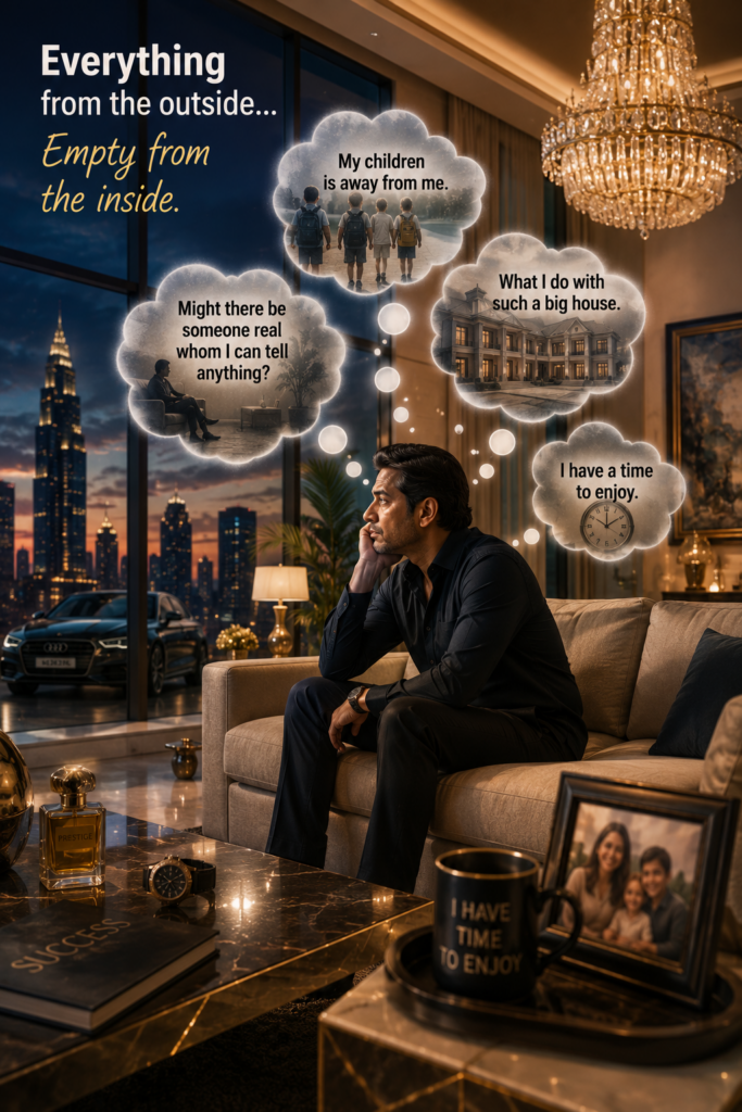 A wealthy man sitting alone in a luxurious home reflects on loneliness, family separation, lack of meaningful relationships, and the emptiness that can exist despite financial success.