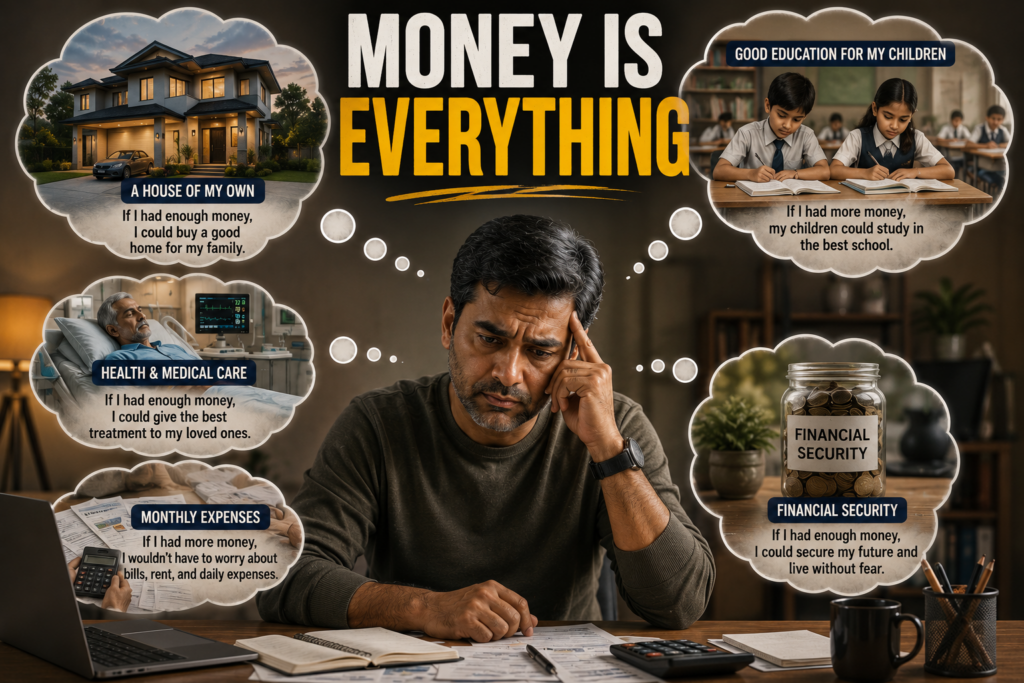 Money is everything in the beginning because it helps provide a home, quality education, healthcare, financial security, and covers daily living expenses.