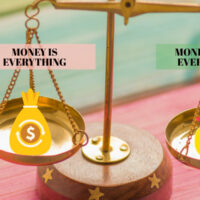 Money Is Everything vs Money Is Not Everything shown on a balance scale comparing financial wealth with love, relationships, and emotional fulfillment.