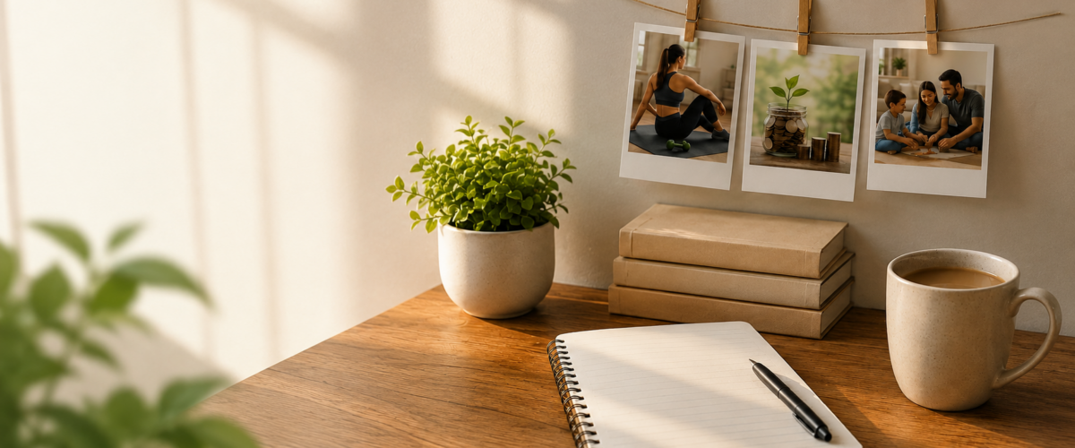 A realistic desk workspace featuring a 15-minute daily plan notebook with goals for health, money, and family time, alongside motivational photos and the text "15 Min to Fix a Problem."