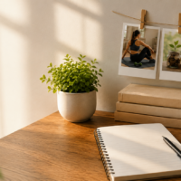 A realistic desk workspace featuring a 15-minute daily plan notebook with goals for health, money, and family time, alongside motivational photos and the text "15 Min to Fix a Problem."