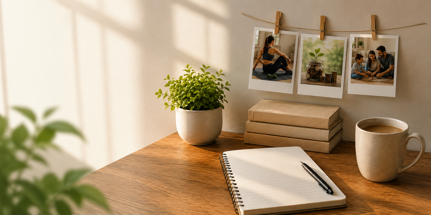 A realistic desk workspace featuring a 15-minute daily plan notebook with goals for health, money, and family time, alongside motivational photos and the text "15 Min to Fix a Problem."