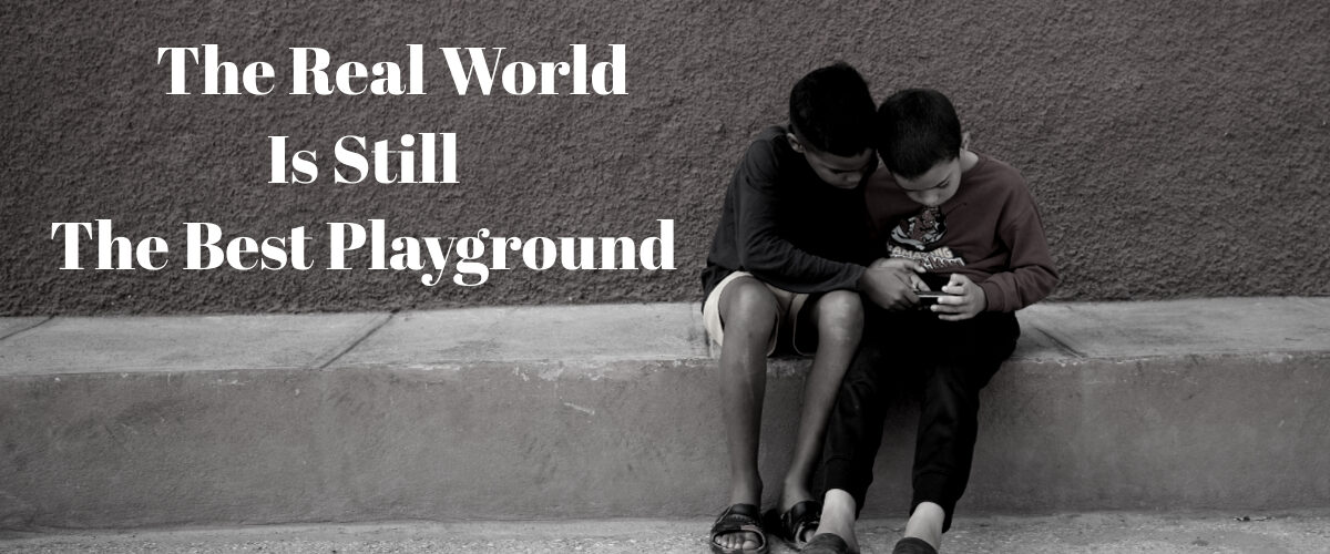 Digital minimalism in kids concept showing two children focused on a smartphone while a message encourages real-world play over screen time.
