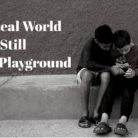 Digital minimalism in kids concept showing two children focused on a smartphone while a message encourages real-world play over screen time.