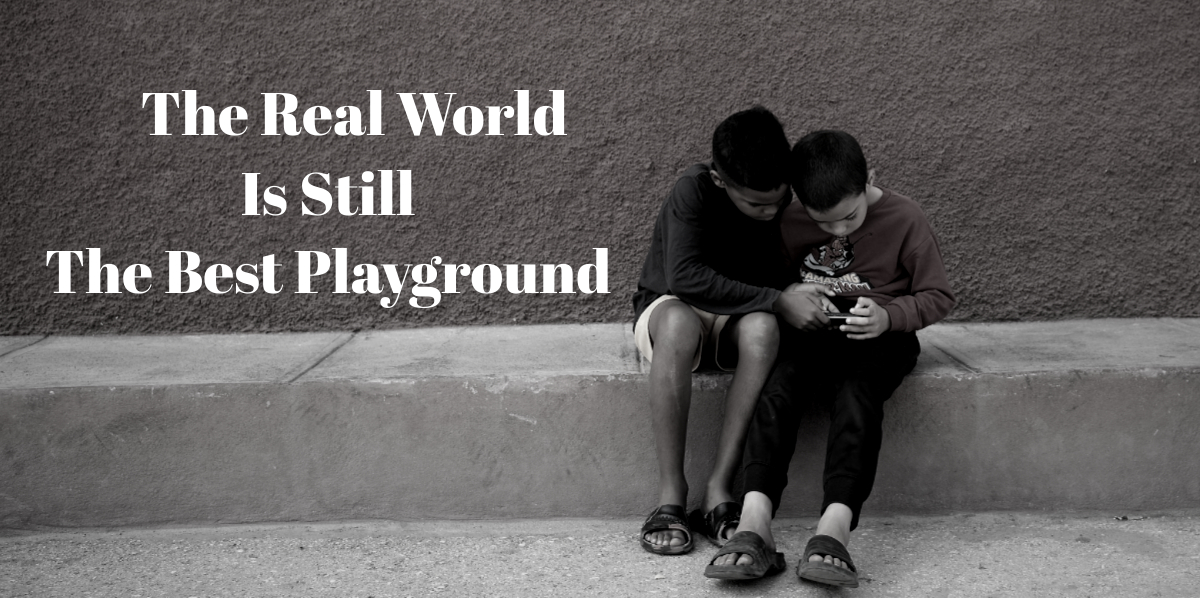 Digital minimalism in kids concept showing two children focused on a smartphone while a message encourages real-world play over screen time.