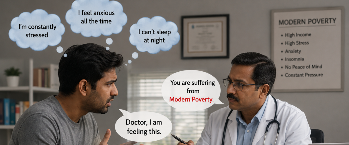 A stressed corporate professional speaks with a doctor about anxiety, insomnia, and constant stress, while the doctor explains the concept of modern poverty despite financial success.