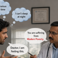 A stressed corporate professional speaks with a doctor about anxiety, insomnia, and constant stress, while the doctor explains the concept of modern poverty despite financial success.