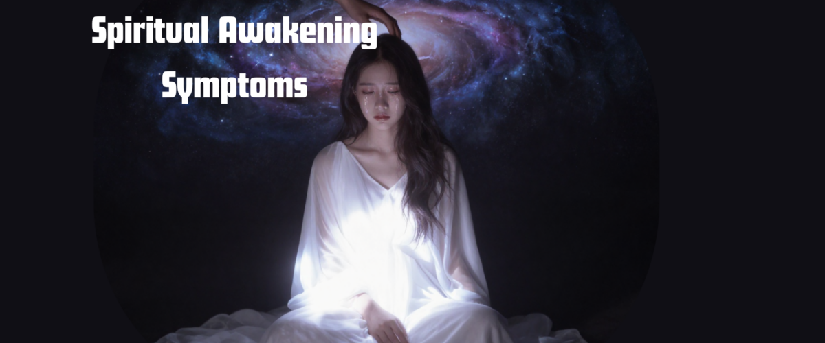 Woman sitting in darkness with tears as a symbolic hand of the universe comforts her during spiritual awakening