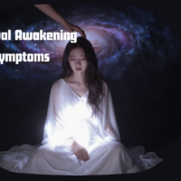 Woman sitting in darkness with tears as a symbolic hand of the universe comforts her during spiritual awakening