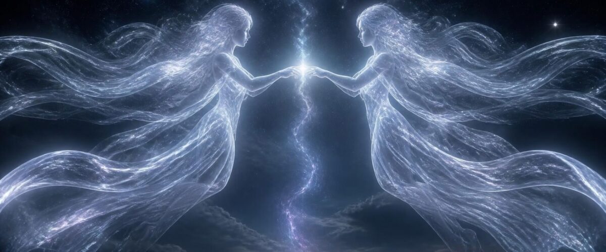wo spiritual souls reaching toward each other under a starry night sky