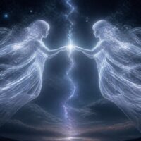 wo spiritual souls reaching toward each other under a starry night sky