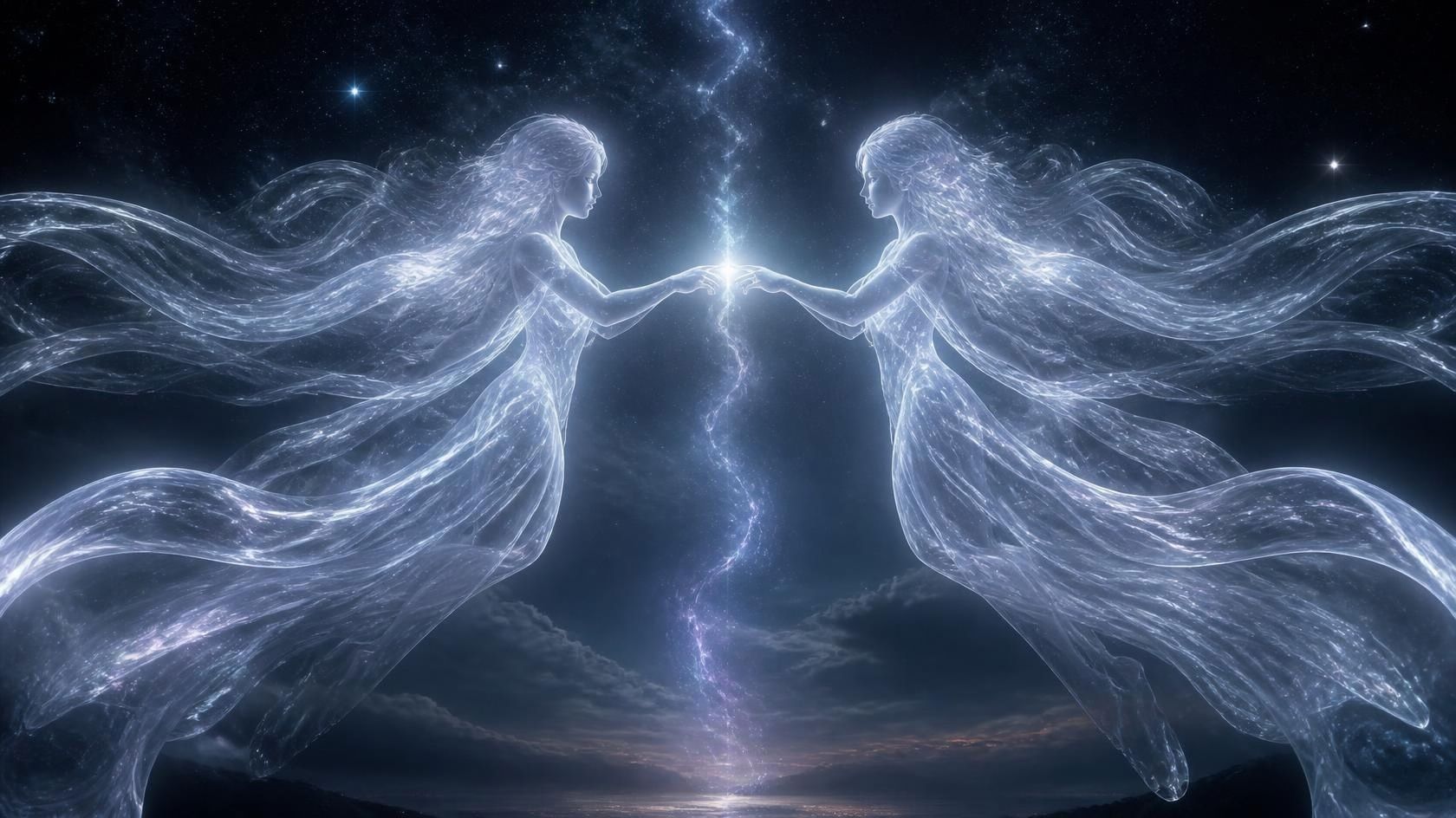 wo spiritual souls reaching toward each other under a starry night sky
